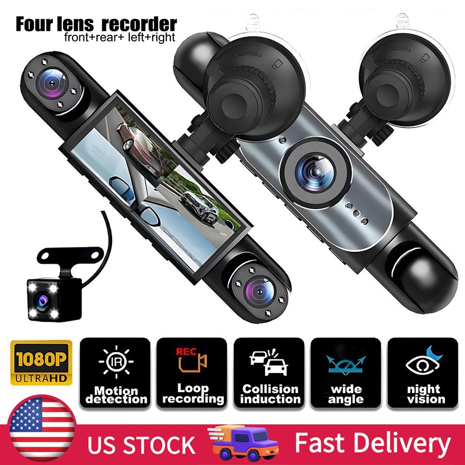 1080P HD 360° 4-Channel Car Dash Cam Front Rear Inside Left Right Driving Record