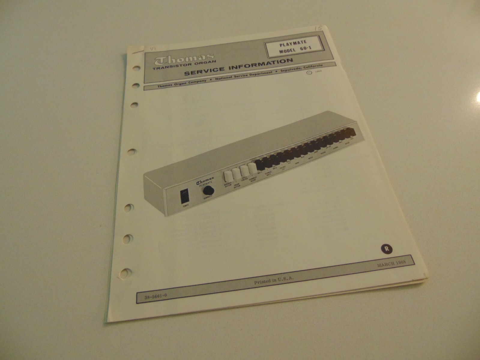 Thomas Organ Playmate 60-1 Service Repair Shop Manual Schematics