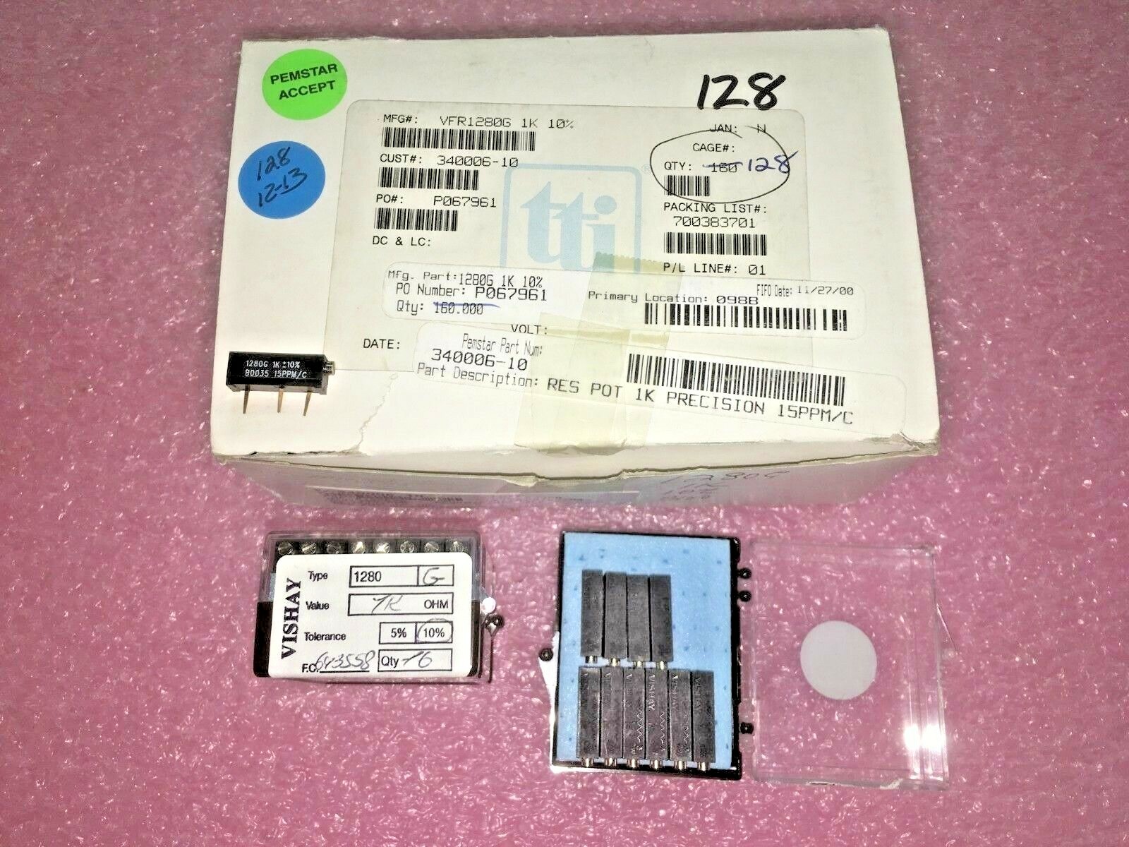 (2 PIECE LOT) Y00561K00000K0L, 1280G-1K-10%, TRIMMER 1K OHM 0.75W PC PIN SIDE