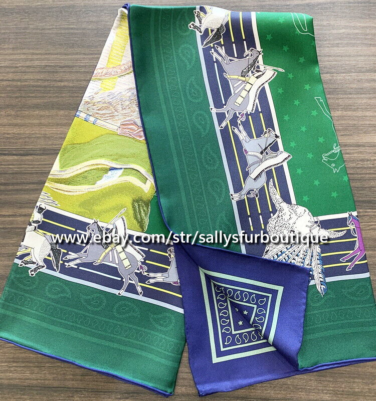 Sallys 18 Momme Twill Silk Wrap Scarf Indians Print Double Face Kerchief 35"