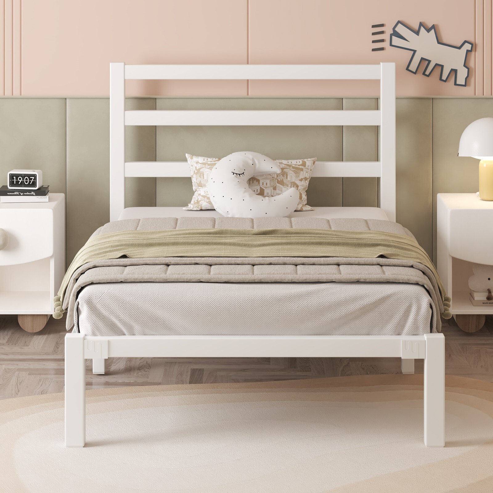 Twin Size Bed Frame with Headboard Strong Metal Slats Support