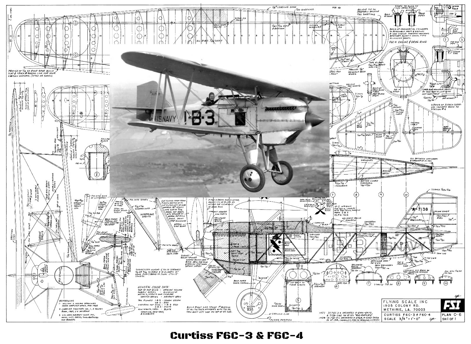 FSI Model Airplane Plans (FF): Curtiss F6C-3/4 --- 1/16 Scale 24" RP'ed Biplane