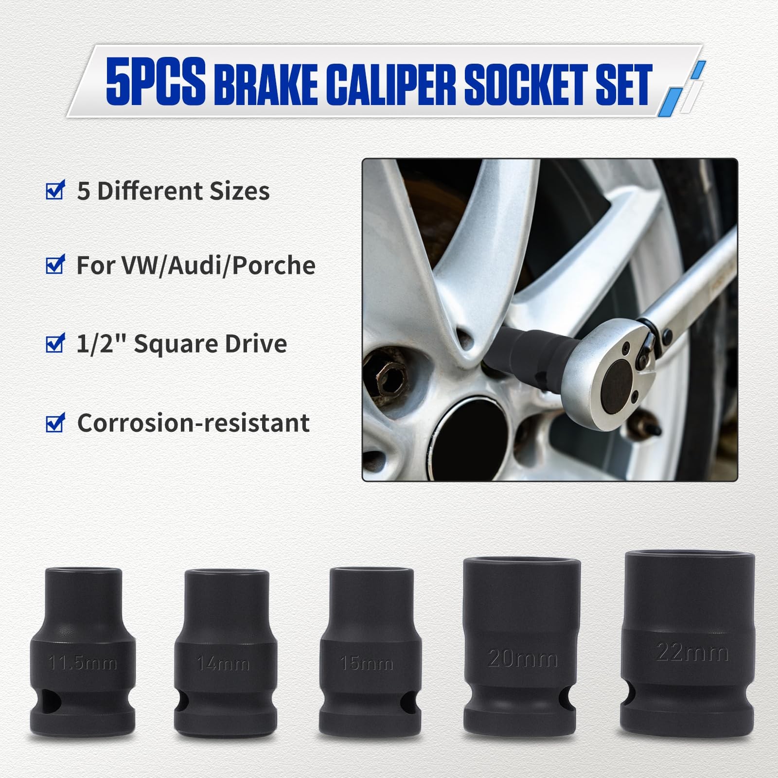 Brake Caliper Socket Set Compatible with VW VAG, 5PCS Tool 1/2" 5PC