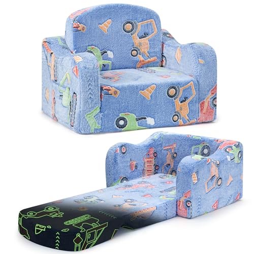 Thick Comfy Toddler Chair and Couch for Flannel Blue Construction Trucks