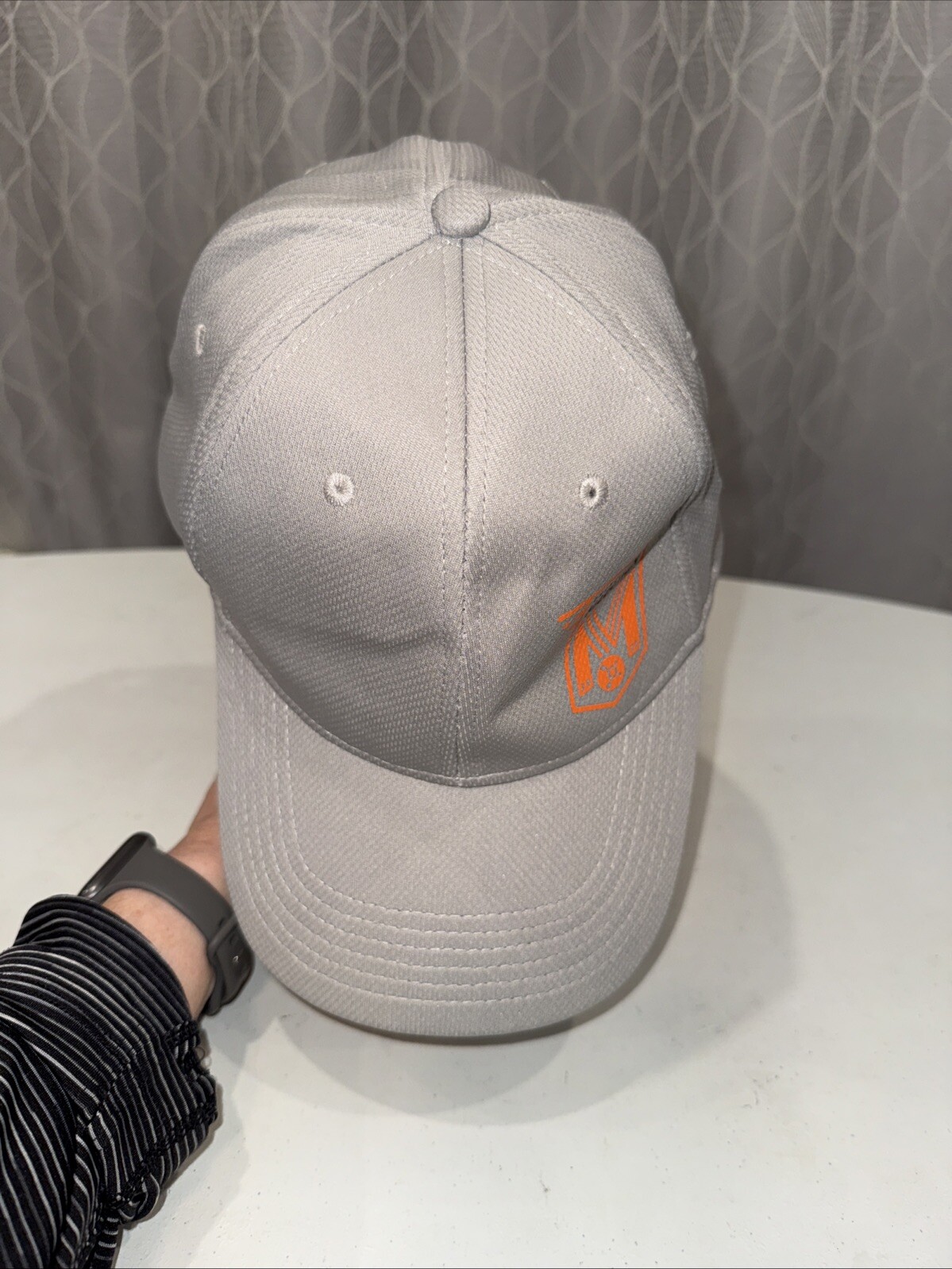 Orange theory Logo in orange on Gray Polyester Hat Cap Hook Loop EUC