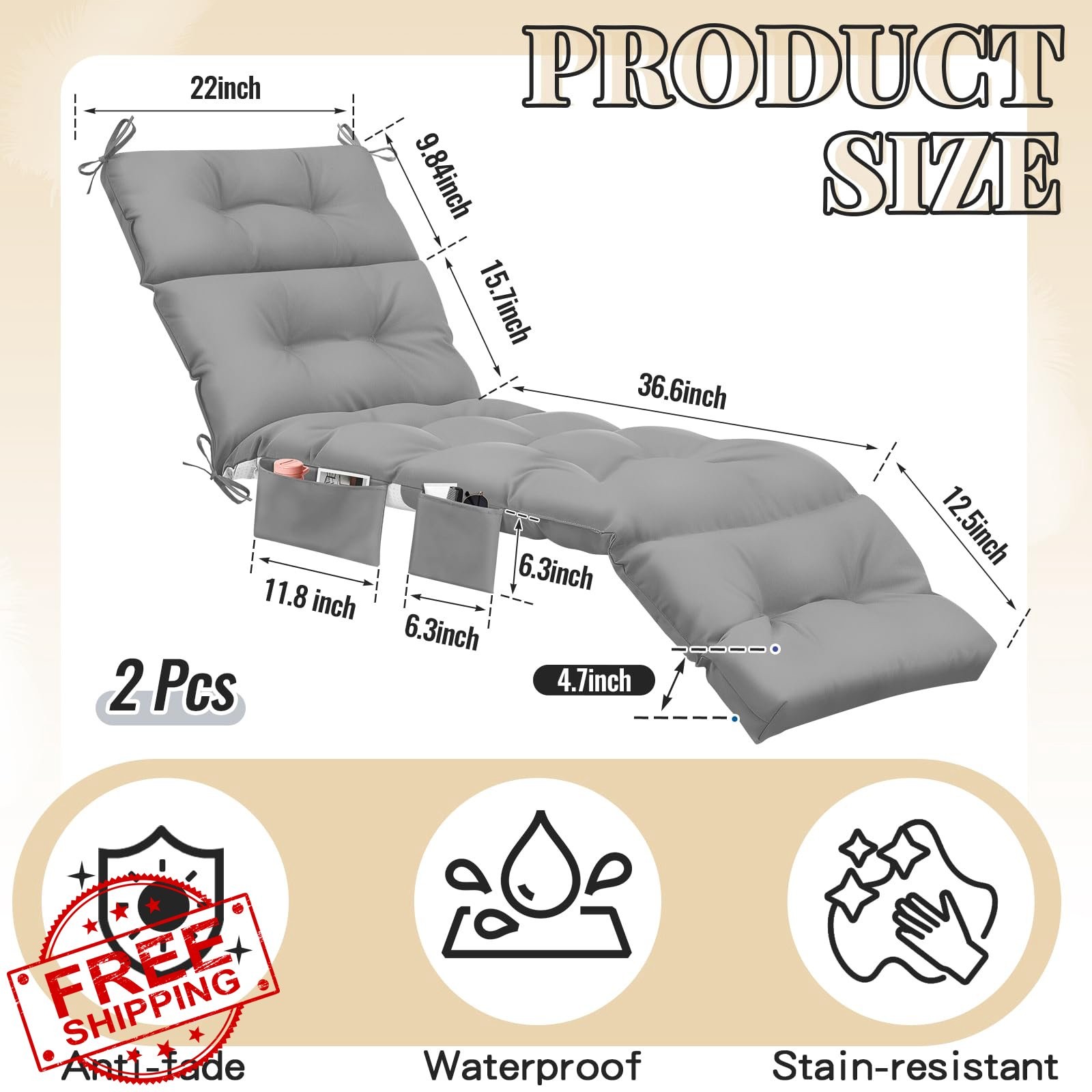 Kigley 2pc Chaise Lounge Cushions Light Gray 74.5x22x4.7" Tufted Patio Recliner