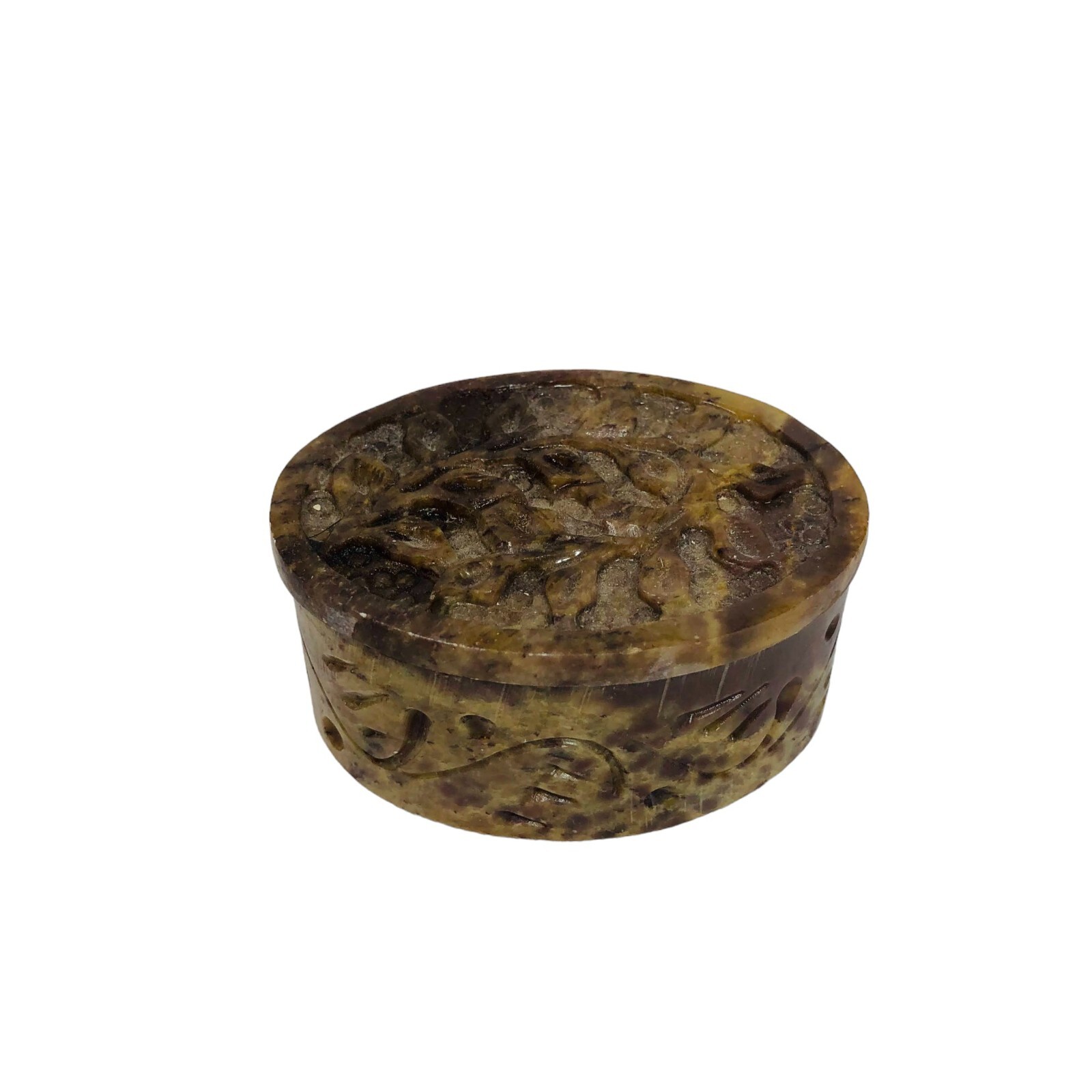Carved Soapstone Brown Ring Trinket Oval Floral Box Pattern