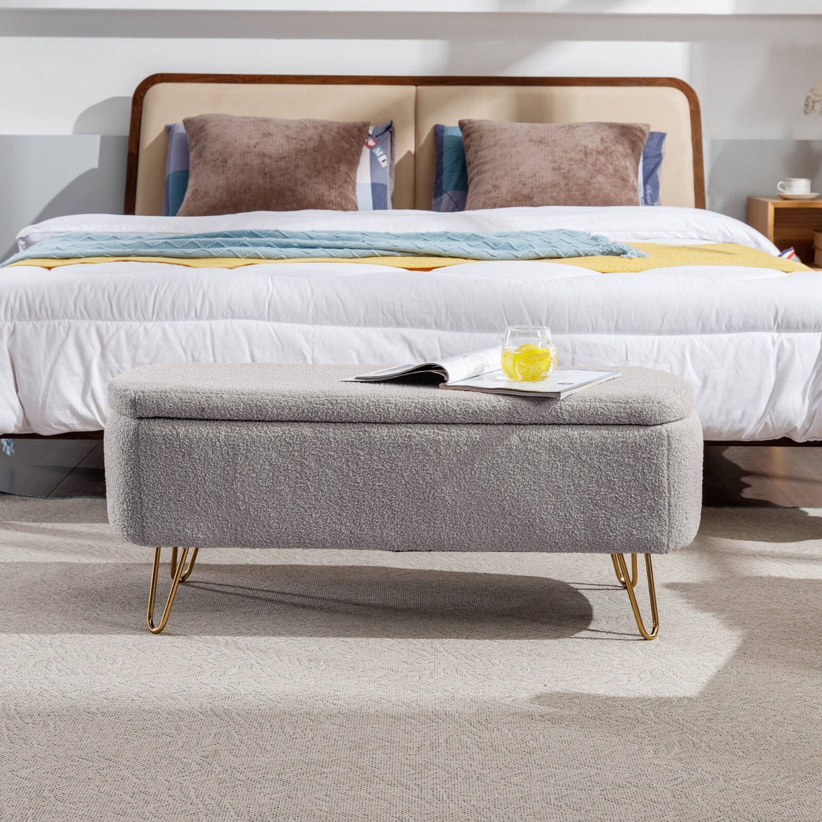Modern Grey Storage Ottoman Bench with Golden Legs, Faux Fur with large Storage