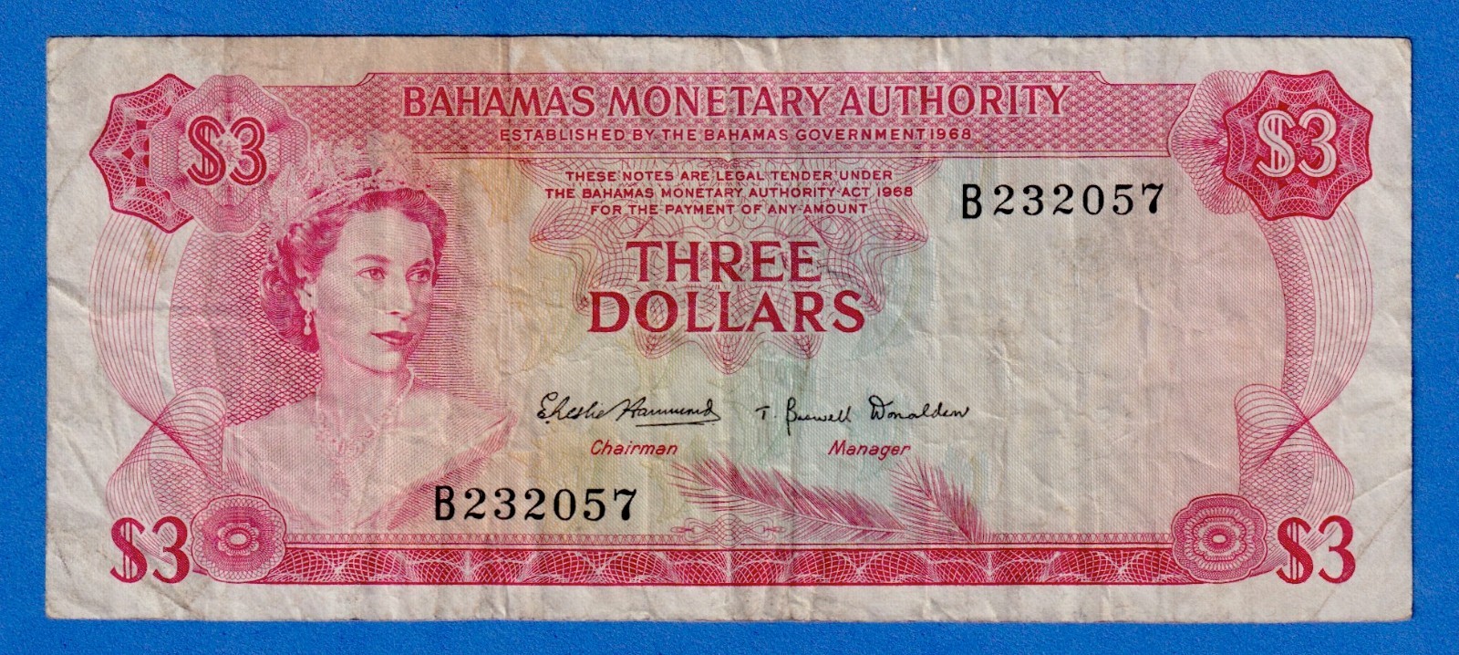 Bahamas $3 1968 P-28a Circulated Note - QE II PORTRAIT B232057