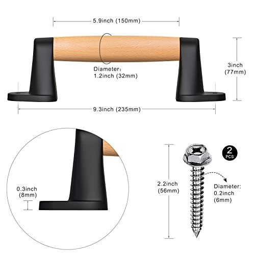 9'' Barn Door Pull Handle Wood Handle 9 Inch Black Plastic Brackets (2 Pack)