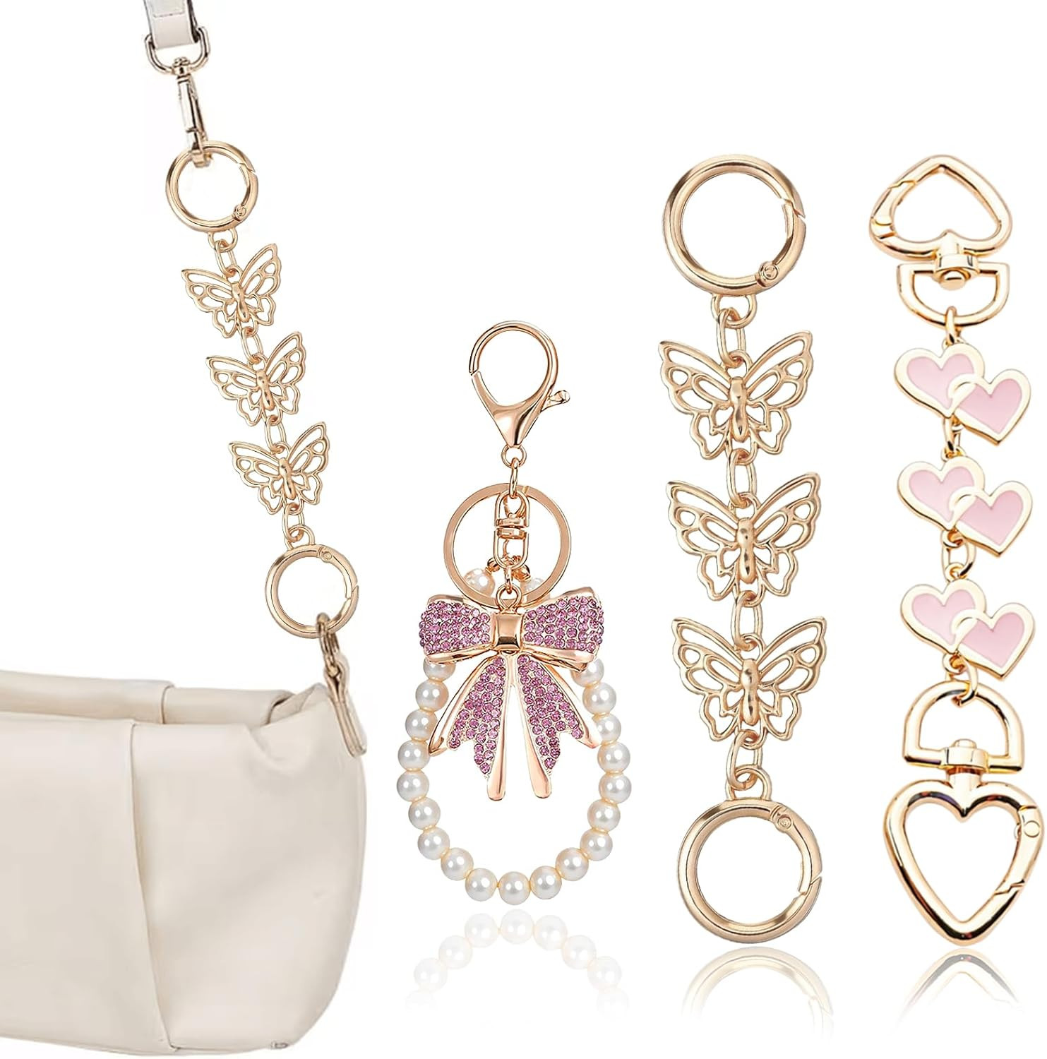 Cute Gold Bag Chain Extender, Handbag Strap for Purse with Pearl Chain Bow Charm