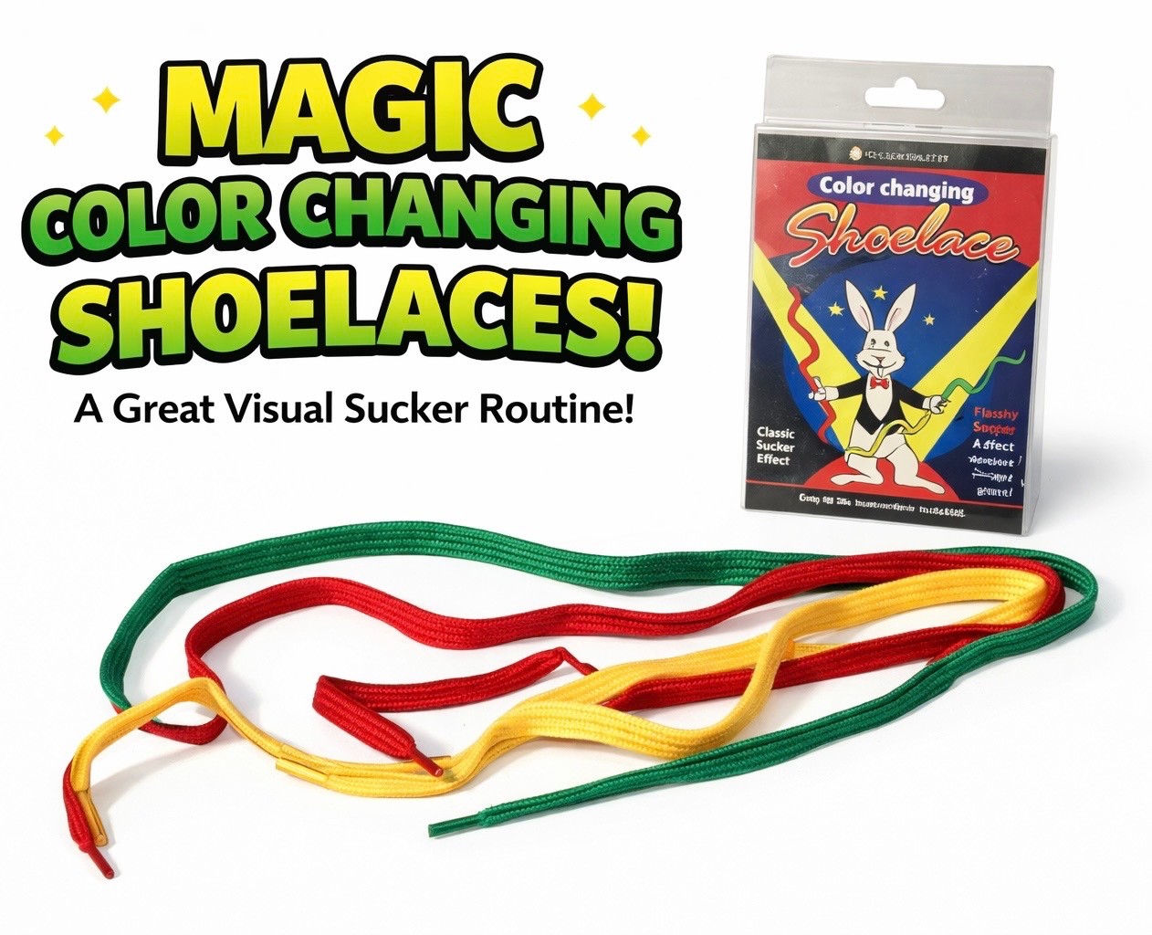 COLOR CHANGING SHOELACES Clown Kid Show Magic Trick Changes Beginner Laces Gag