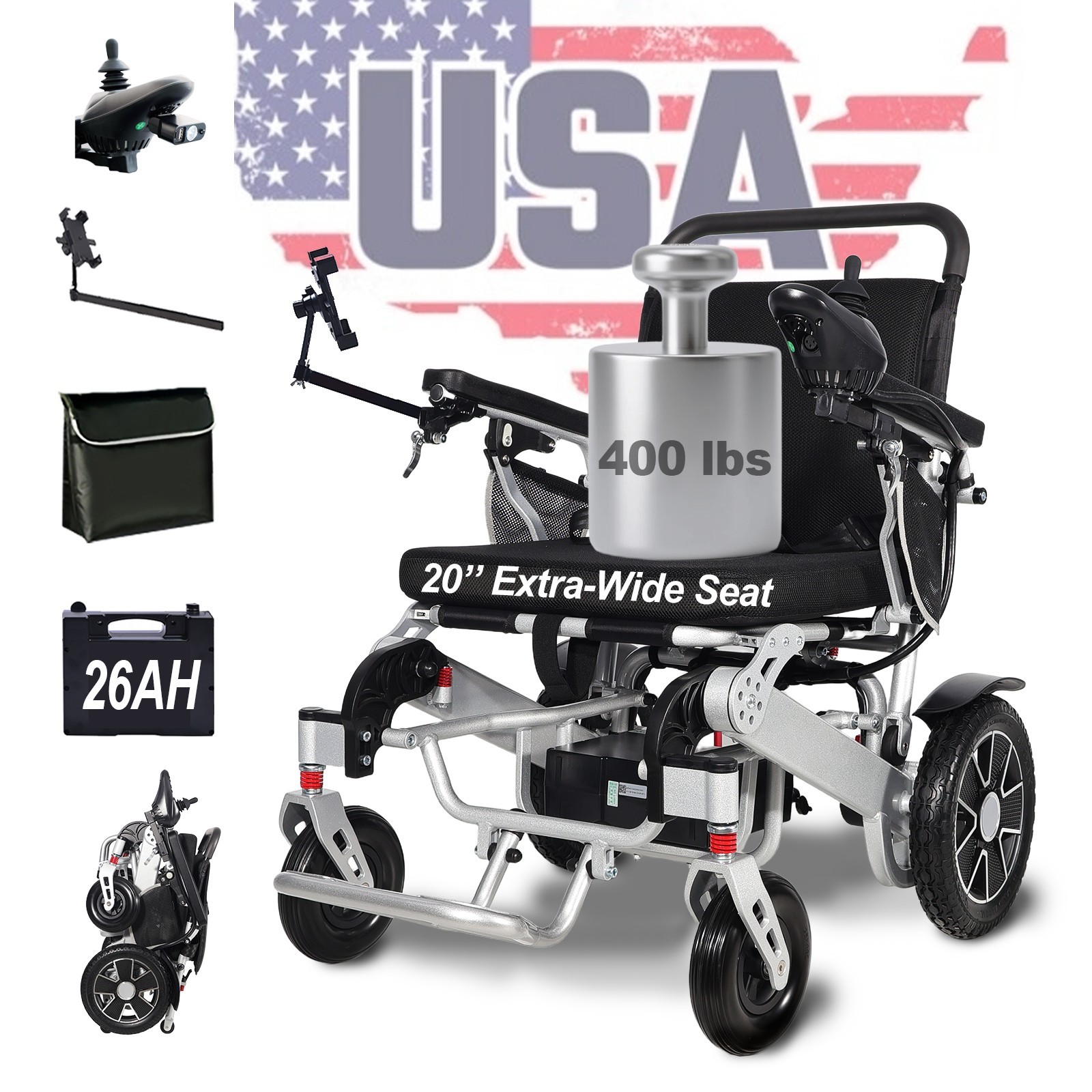 20" Wide Seat Electric Wheelchair 700W Motor 400 lbs Weight Capacity All Terrain