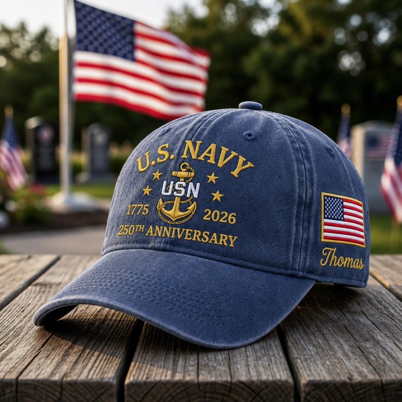 Custom Name U.S. Navy 250th Anniversary Embroidered Hat 1775 2026 Veteran Cap