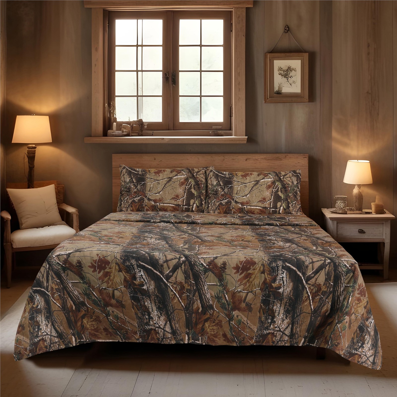 Realtree All Purpose Camo Bedding Full Sheet Set 4 Piece Polycotton Rustic Fa...