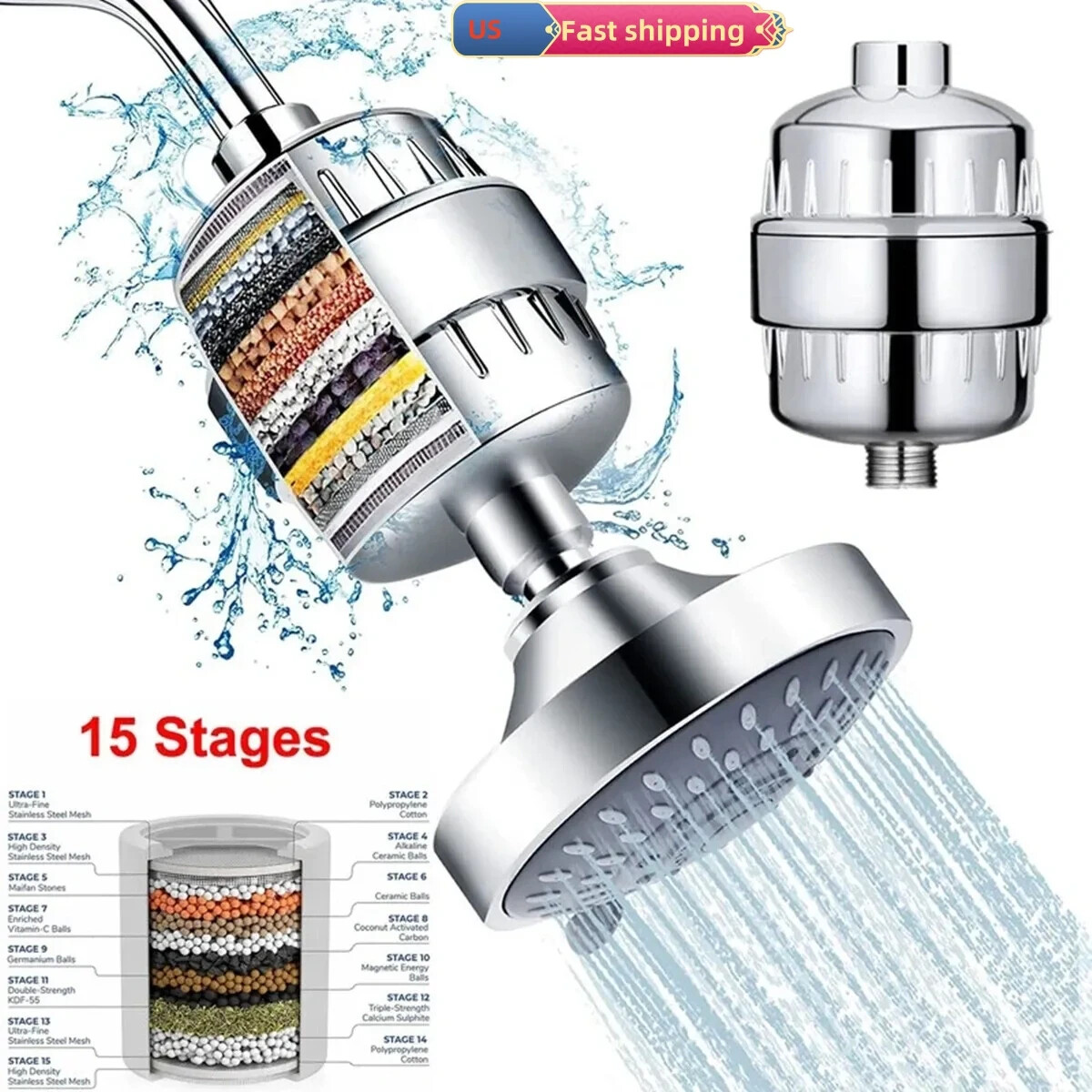 15 Stage Shower Head Filter Remove Chlorine Soften for Hard Water Bath Purifier