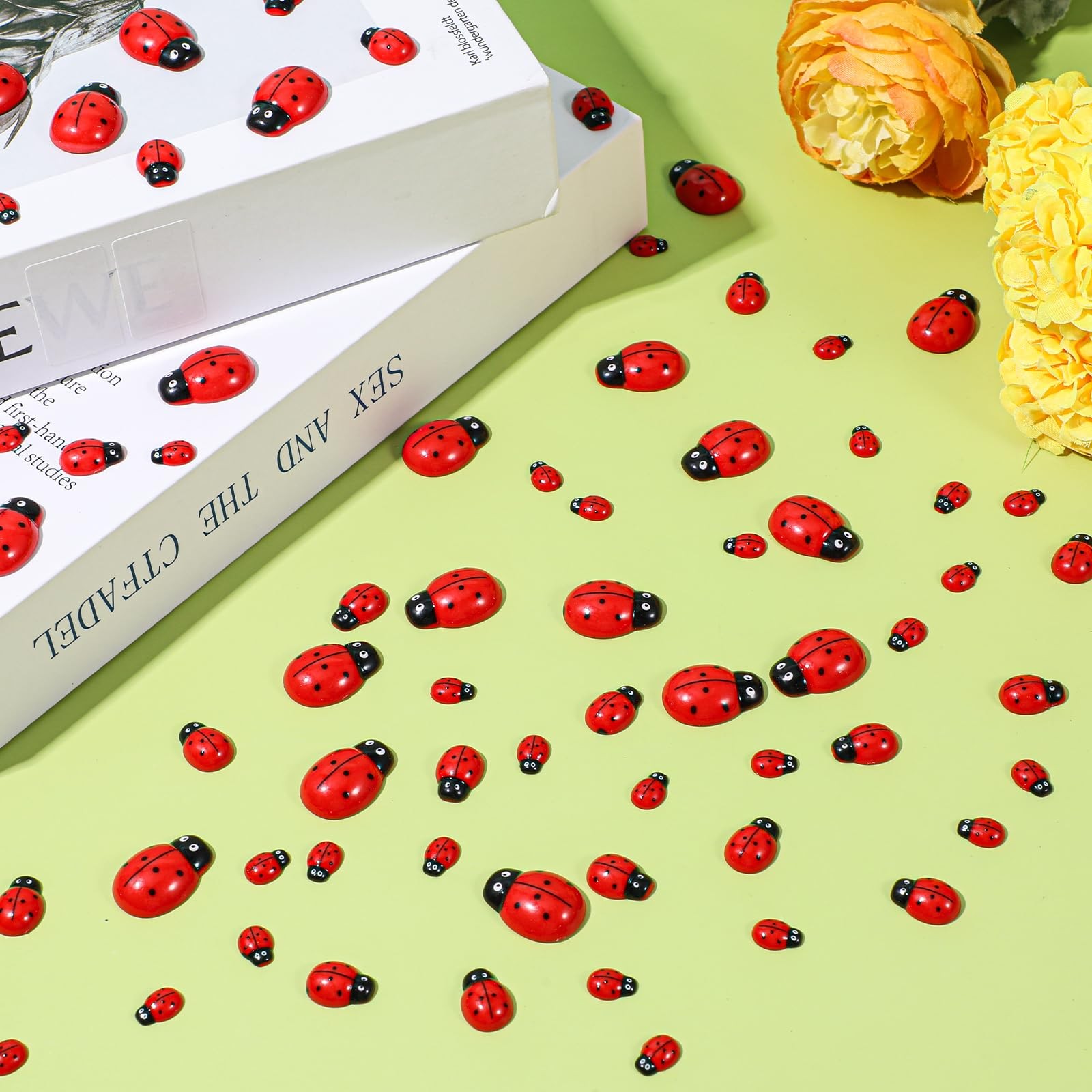 100 Pieces Ladybug Decor, Tiny Resin Ladybugs Decor, 3 Size Plastic Ladybugs Sha