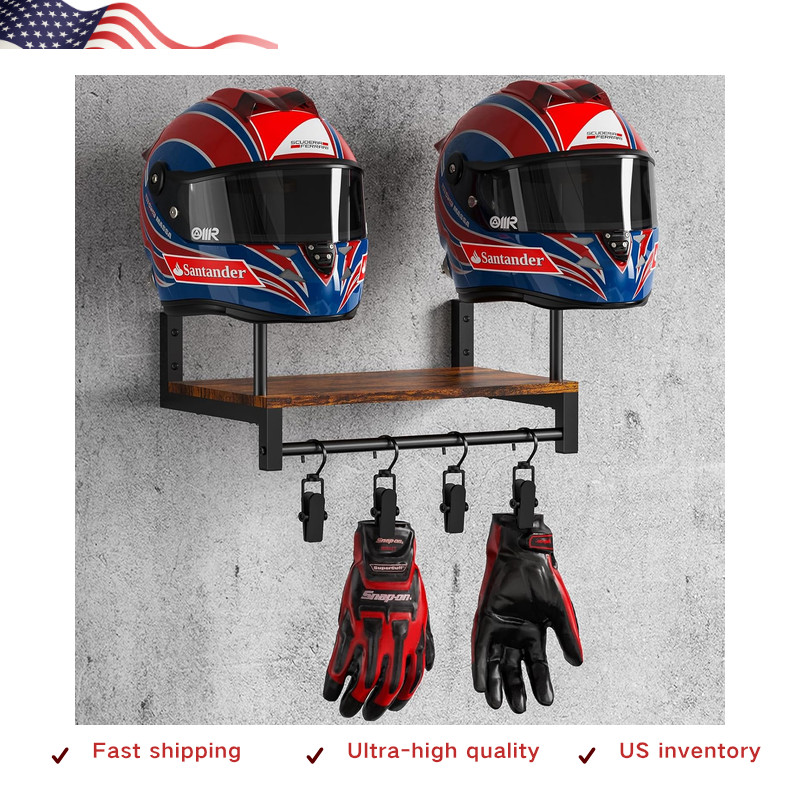 Motorcycle Helmet Holder Wall Mount, Solid Wood and Metal Rack 4 Vintage Brown