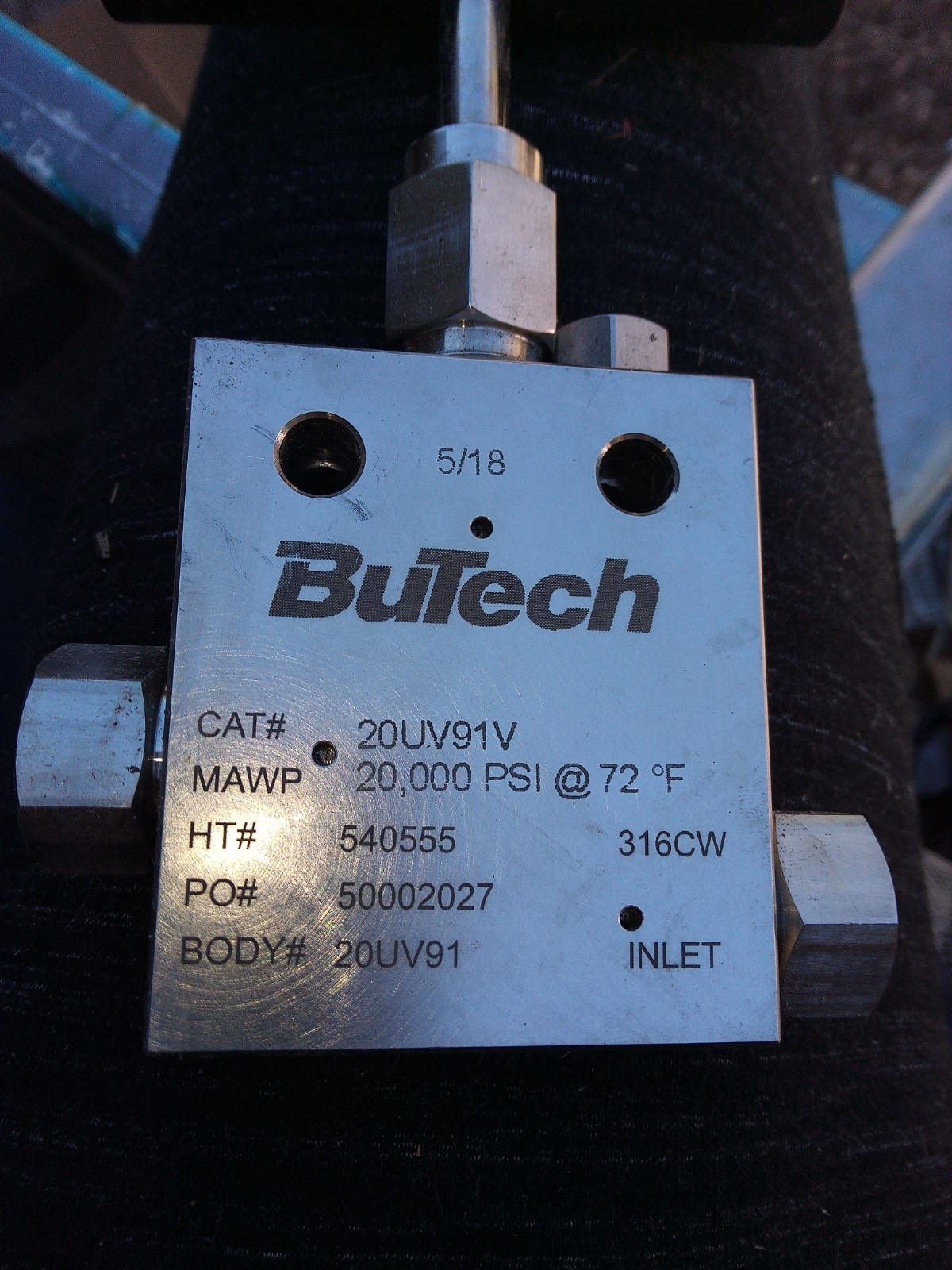 20UV91V BUTECH NEEDLE VALVE 20,000PSI HT#540555 316CW PO#50002027 BODY# INLET