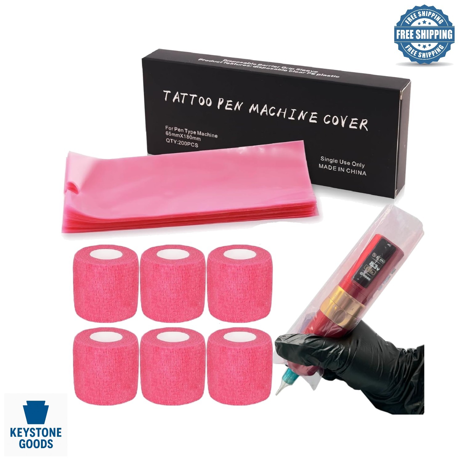 206PCS Pink Tattoo Machine Covers & Grip Tape Set - Waterproof, Large Size, H...