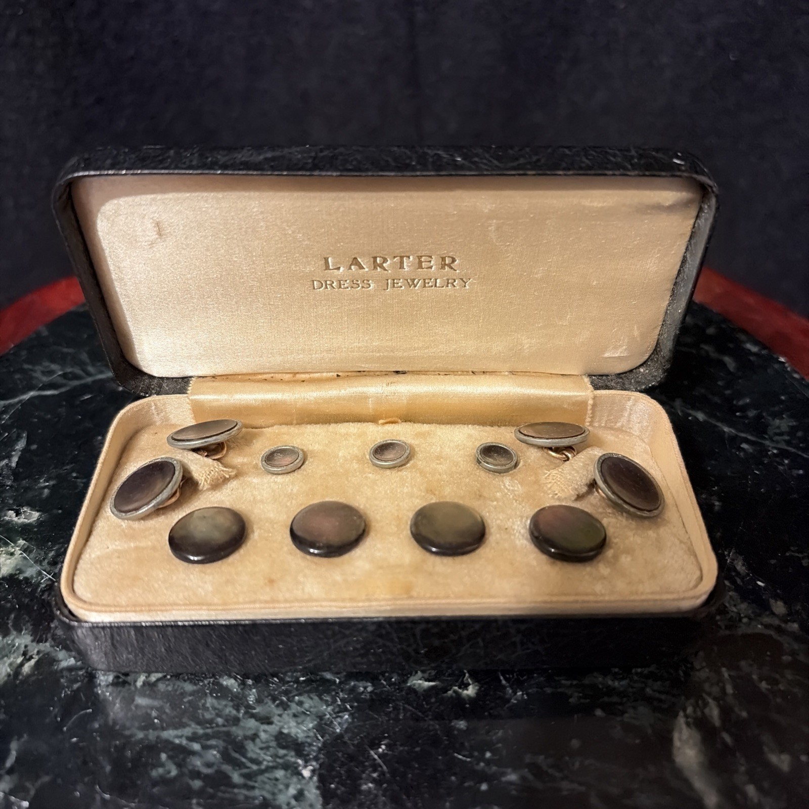 Larter  & Sons Rolled Gold, MOP Buttons & Tux Studs Original Box And Case Pearl