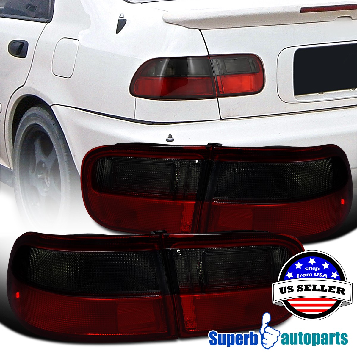 Fits 1992-1995 Honda Civic 2/4Dr Coupe Sedan Tail Lights Brake Lamps Smoke Red