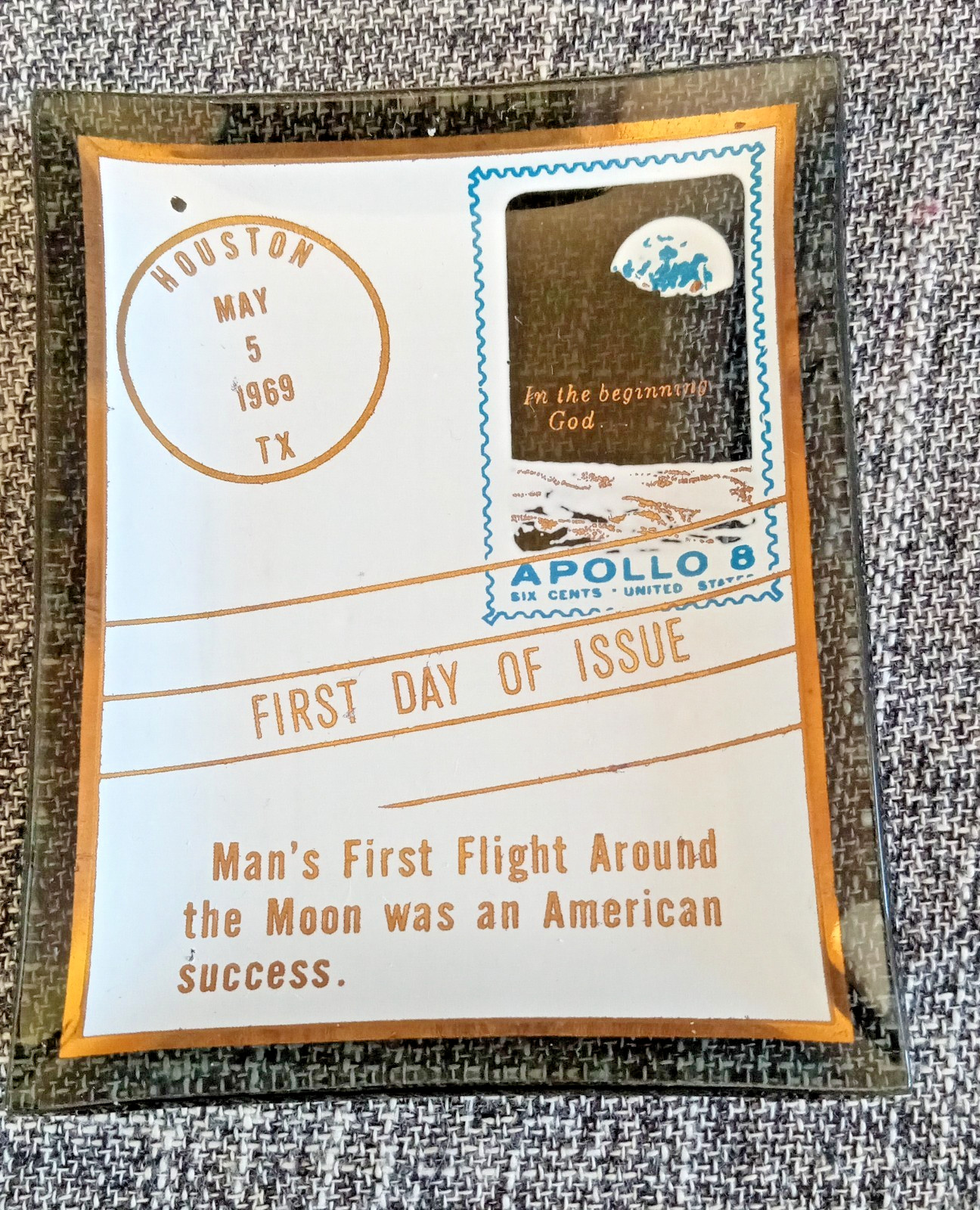 Rare Vintage NASA Apollo 8 Glass Tray Stamp First Day of Issue Moon Mission 1969