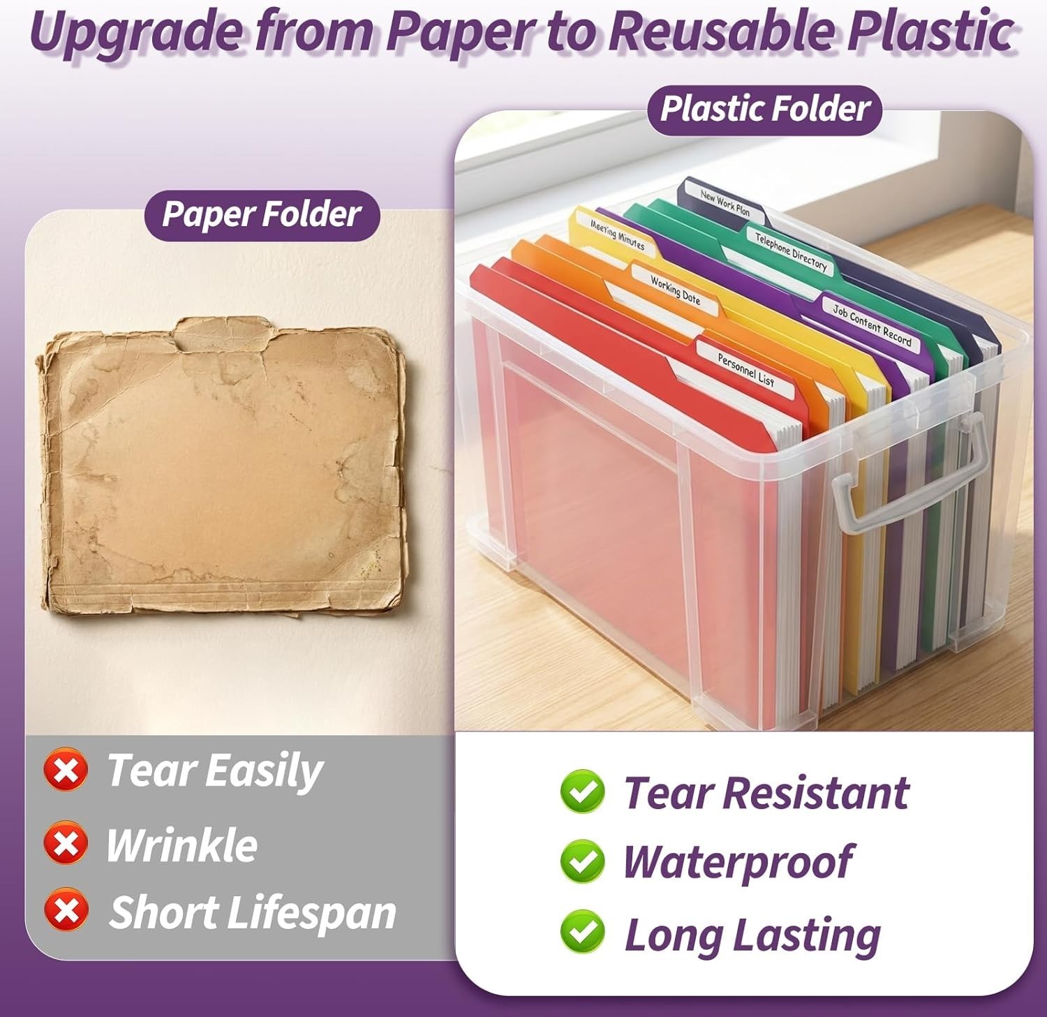 Plastic File Folders with Tabs, 6 Pack Colored Plastic Folders, 1/3 Cut Tabs