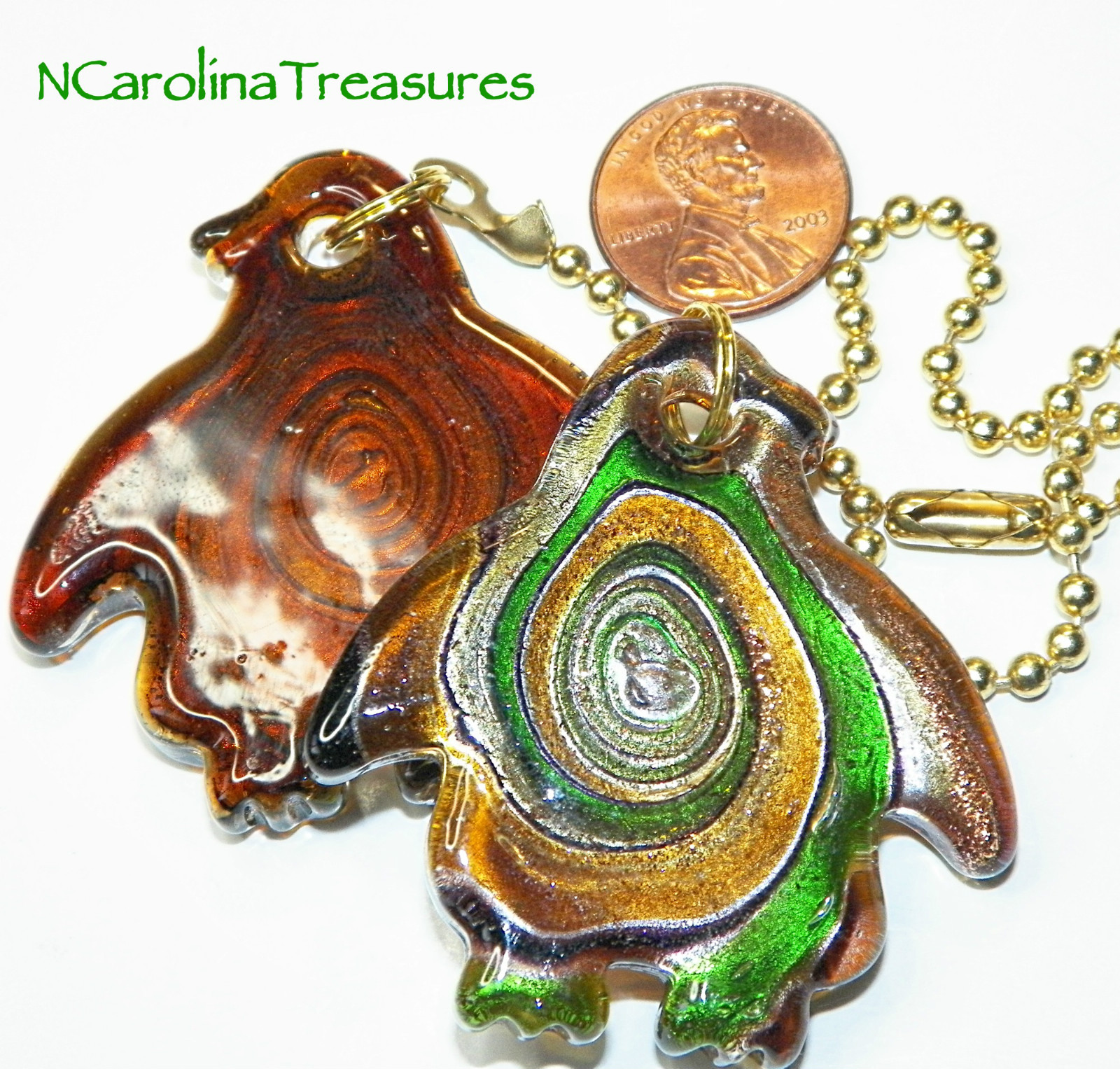 MURANO GLASS CEILING FAN SWITCH PULL GOLD GREEN PENGUIN PENGUINS LARGE PAIR