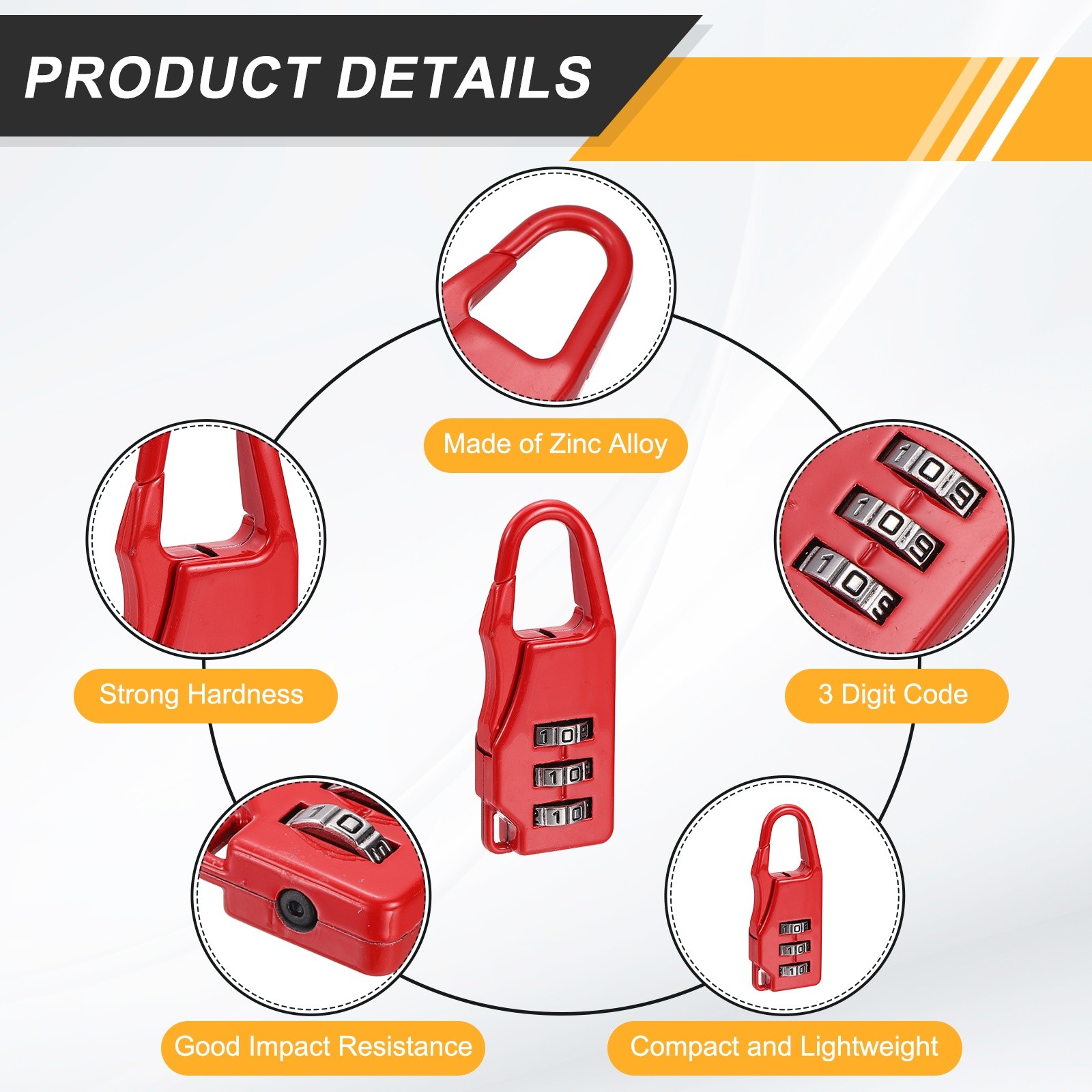 3Pcs Resettable 3 Digit Combination Lock Code Padlock, Red (55 x 21mm)