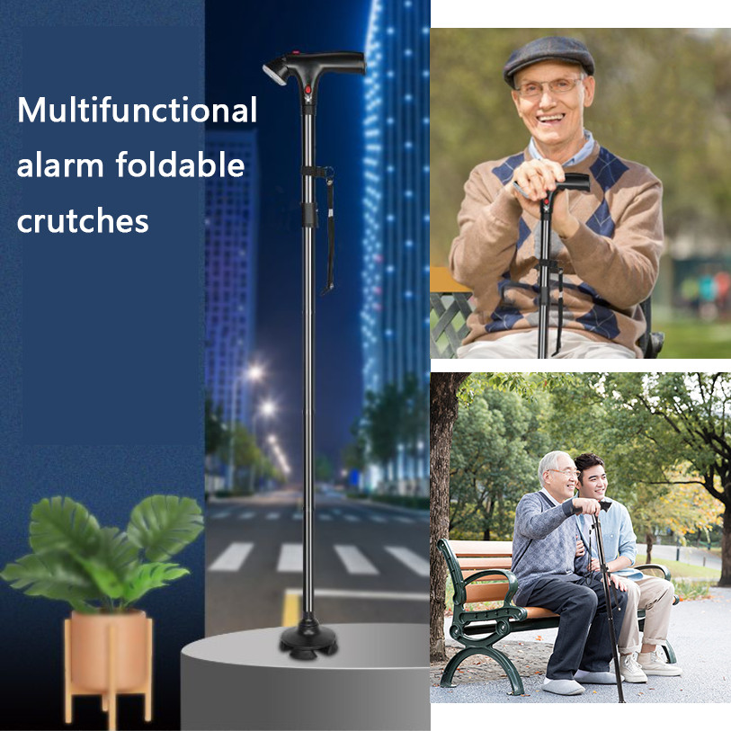 Elder Folding Walking Stick Walking Cane Height Adjustable Torch LED Light Alarm