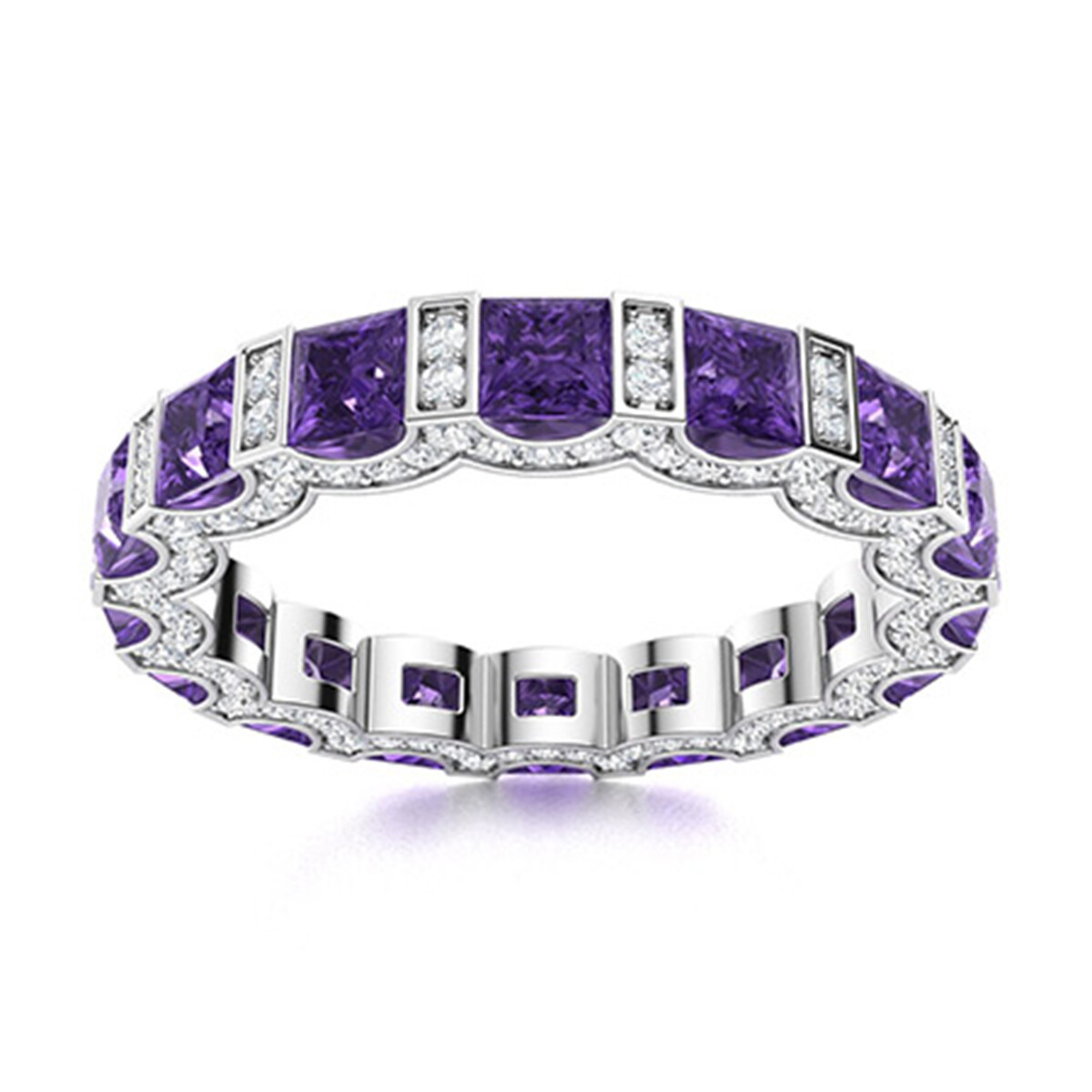 3MM Square Shape Cut Natural Amethyst Gemstone Eternity Band Women Wedding Ring