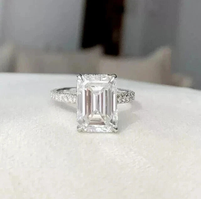 4Ct Emerald Cut Lab Created Diamond Women' Engagement Ring 14K White Gold Plated