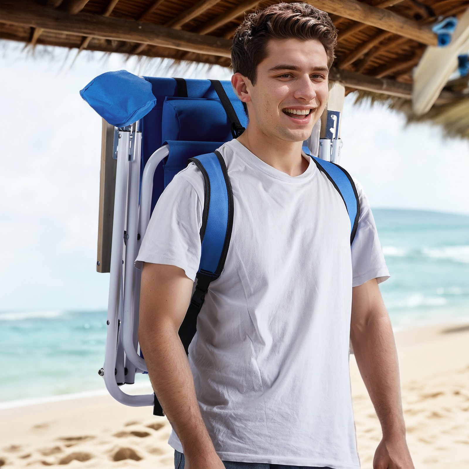 Backpack Beach Chair Folding Portable Chair Blue Solid Construction Color Blue