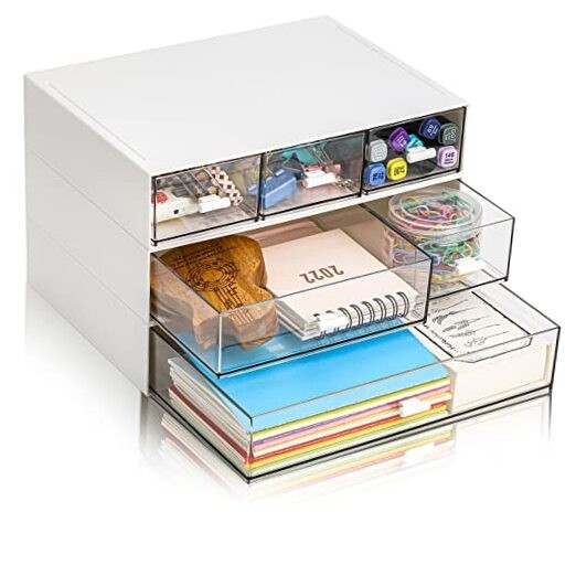 3 Tier Small Desk Organizer with Drawer, Stackable Desktop Storage Box,