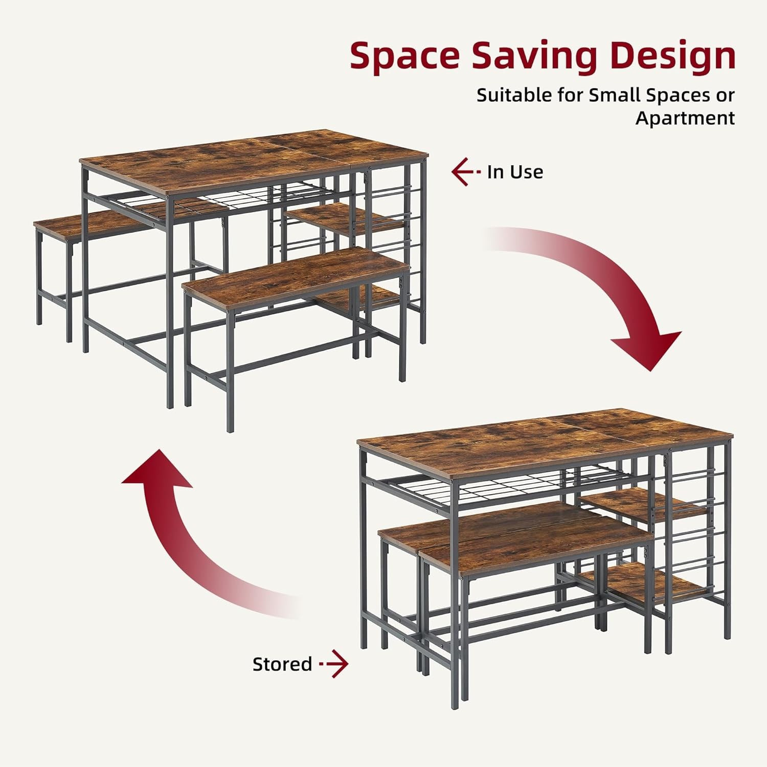 Dining Table Set for 4, Rectangular Table with Wine Rack,Storage Shelf,2 Benches