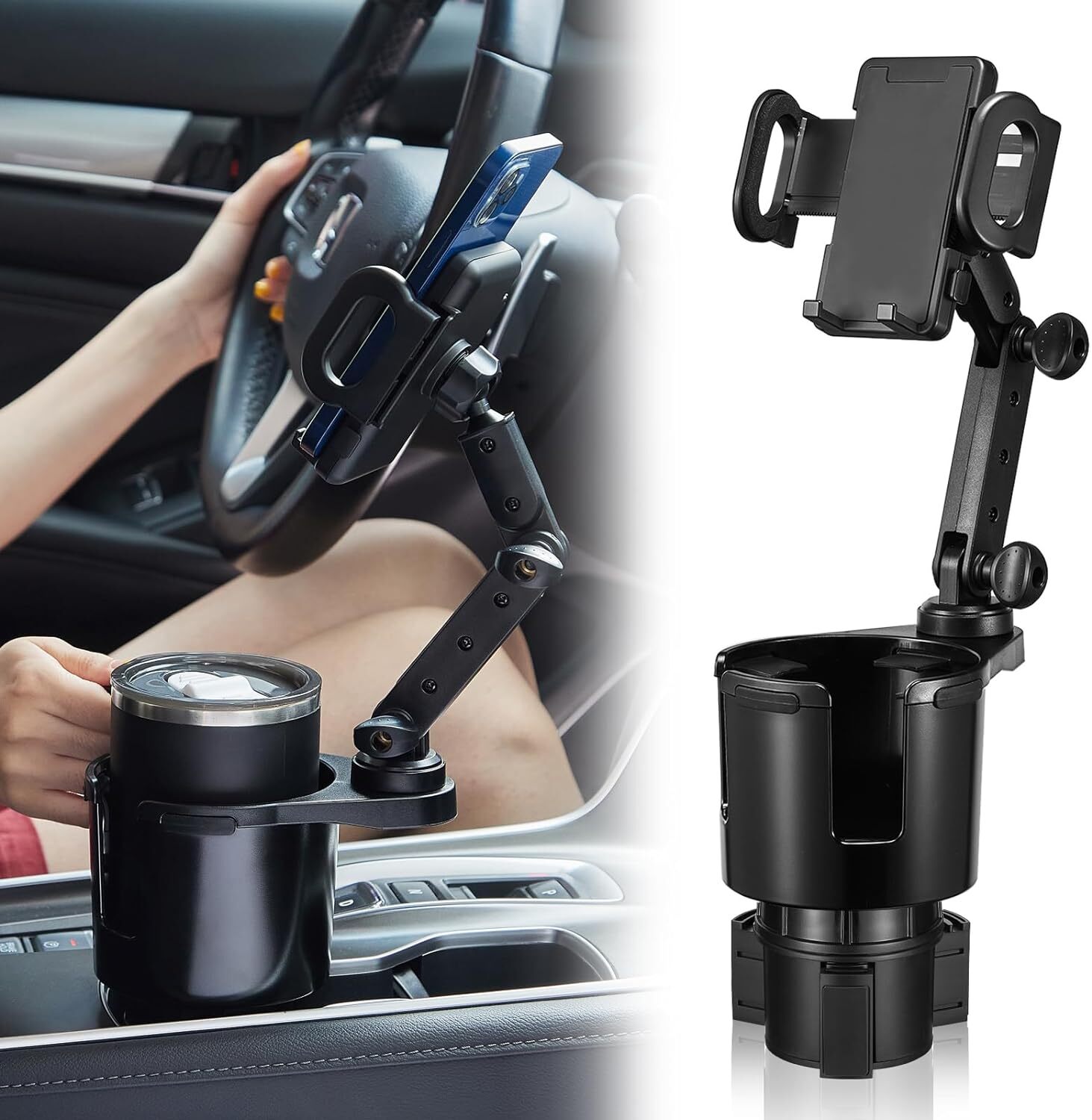 Car Cup Holder  with Adjustable Phone Holder 2 in 1 for Large Drink Bottles