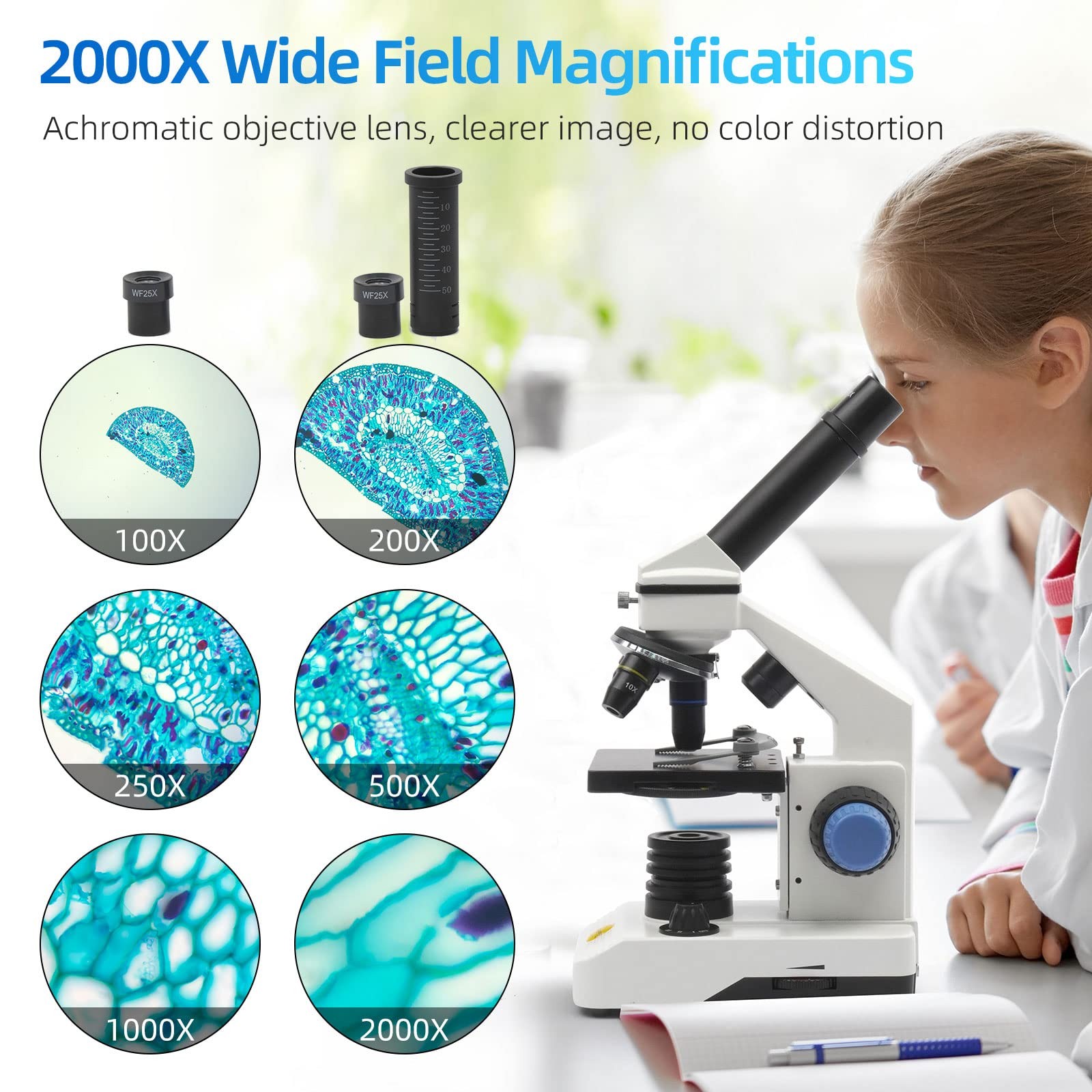 Microscope for Adults 80X-2000X Compound Monocular Kit