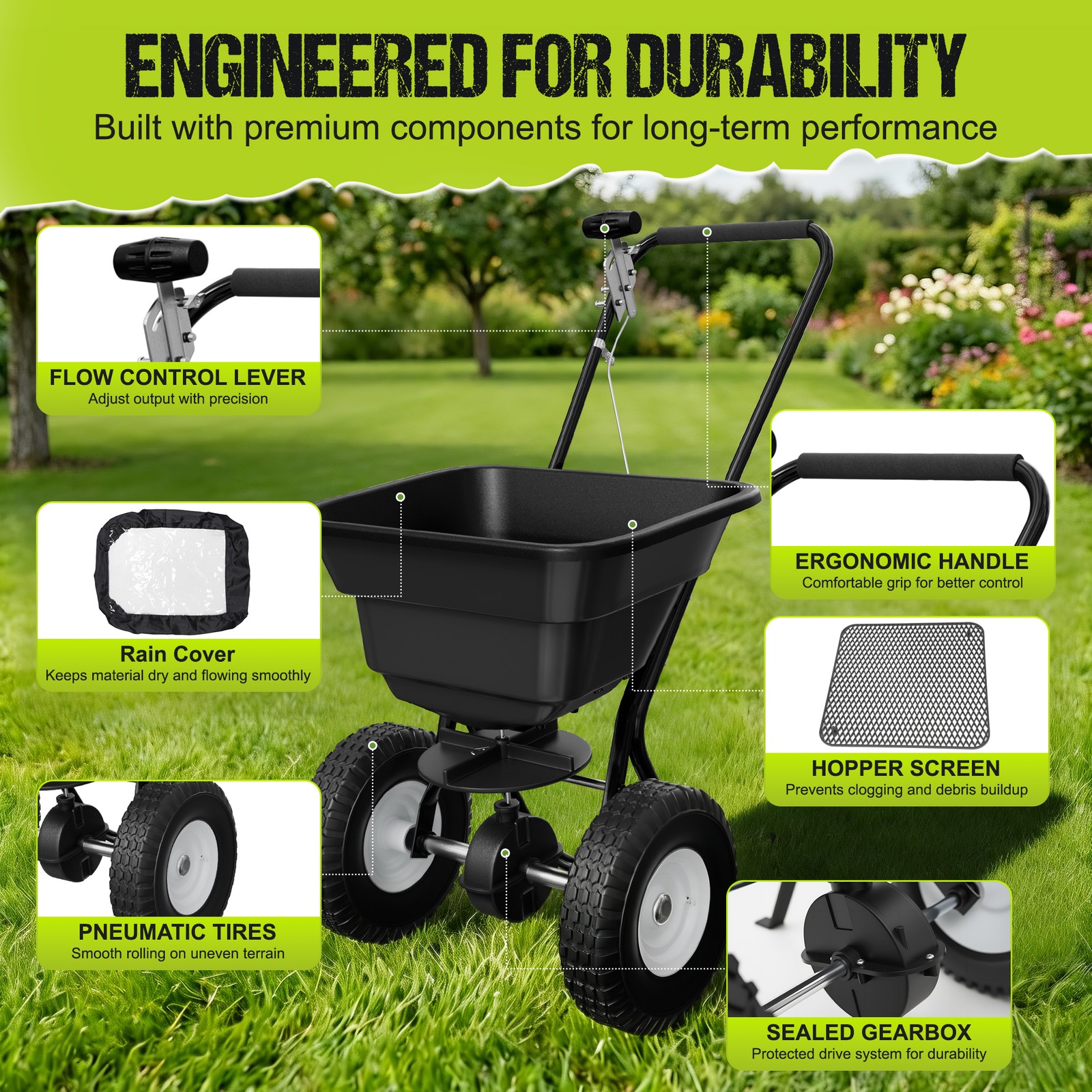 80LB Broadcast Spreader Push Lawn Seeder Fertilizer Ice Melt Spreader Adjustable