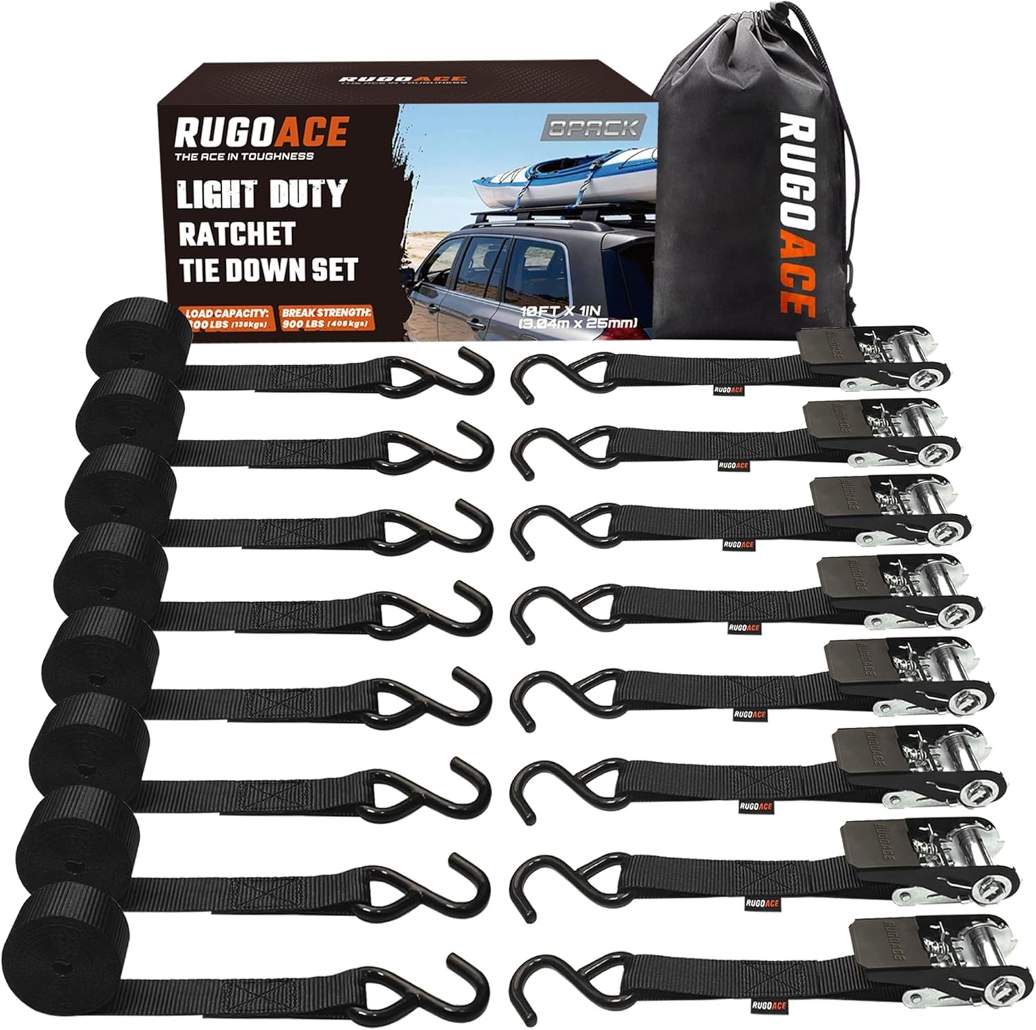 Heavy-duty 1 inch x 10 ft ratchet straps 8 pack 900 lb break strength rubber