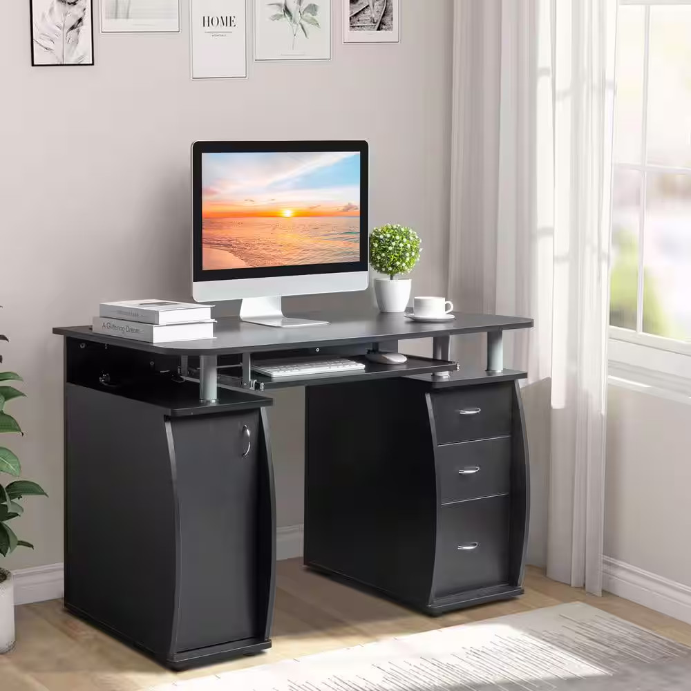 47.28 In. W Complete Workstation Black Computer Desk with Storage, 3-Drawers