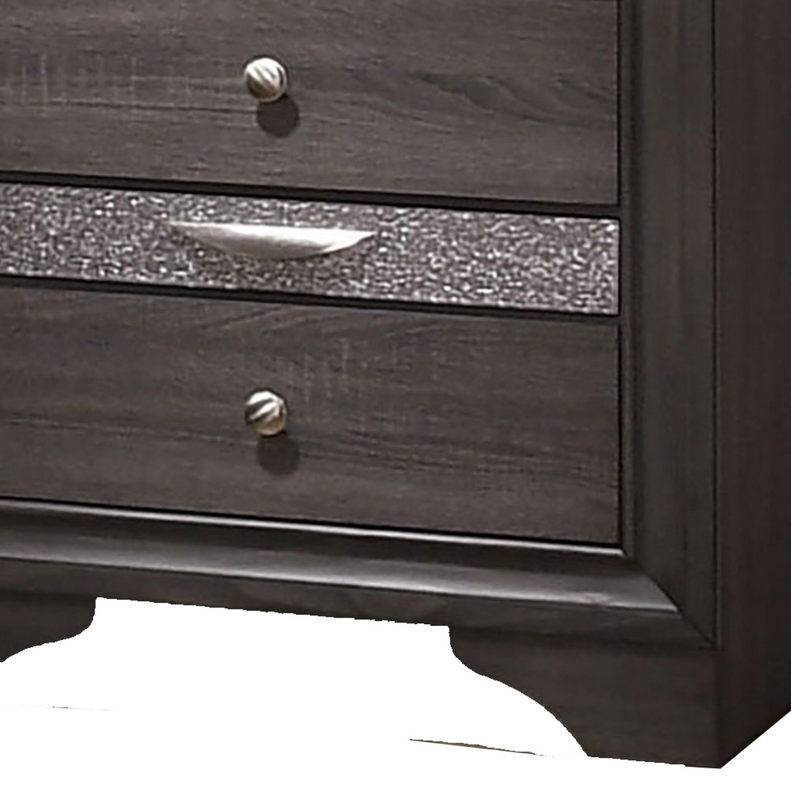 Wooden Nightstand with 2 Drawers and 1 Jewelry Drawer, Gray and Silver