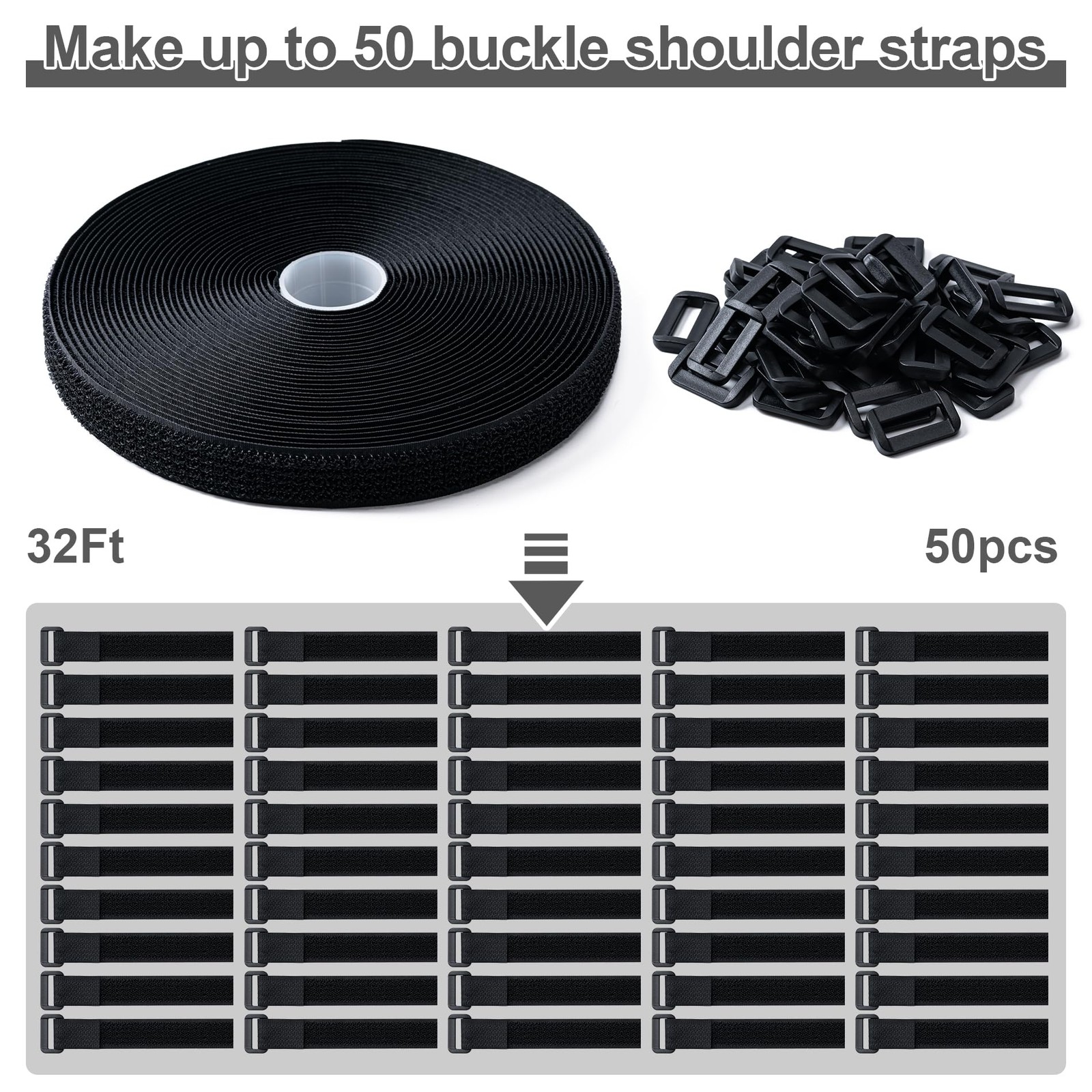 1" x32Ft Hook and Loop, Straps with 50 Plastic 1"×32ft Buckle, Black