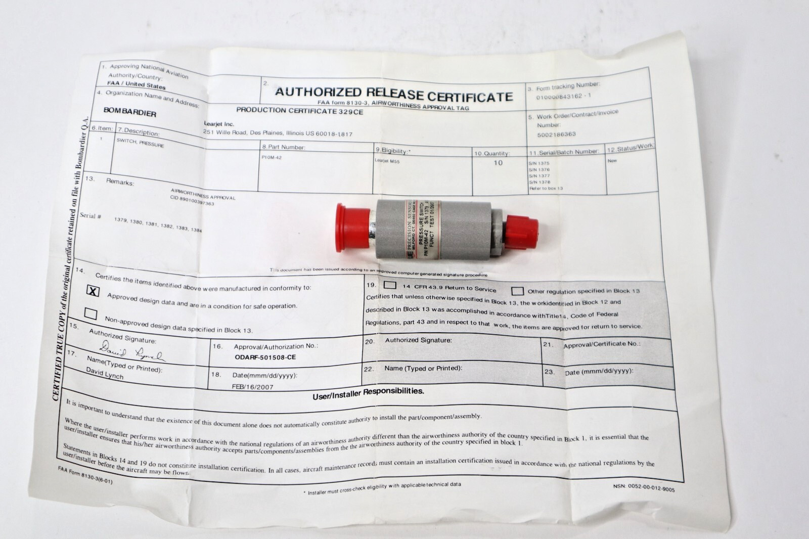 Precision Sensors P10M-42 Pressure Switch New with FAA 8130-3 Form