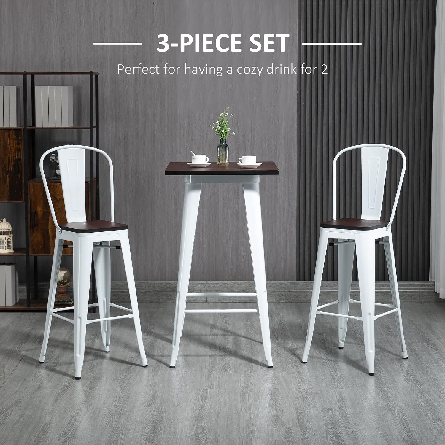 3 Piece Industrial Dining Table Set, Bar Height Bar Table and Chairs Set with