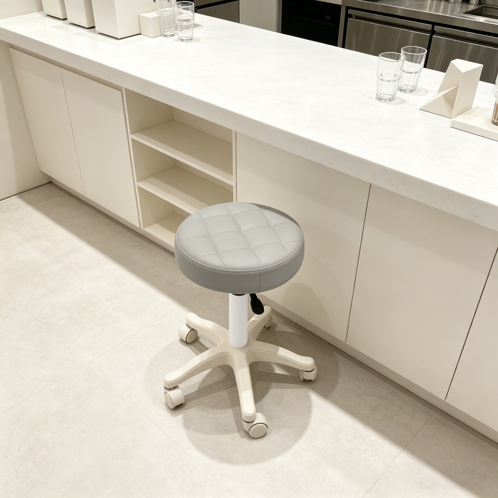 Light Grey Height Adjustable Bar Stool Round Rolling Stool Salon/Office Stool