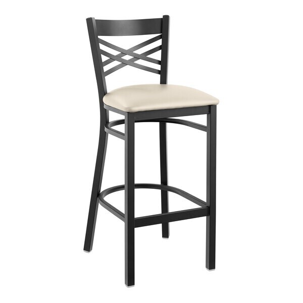 Black Cross Back Metal Restaurant Bar Stool With Light Gray Vinyl Seat