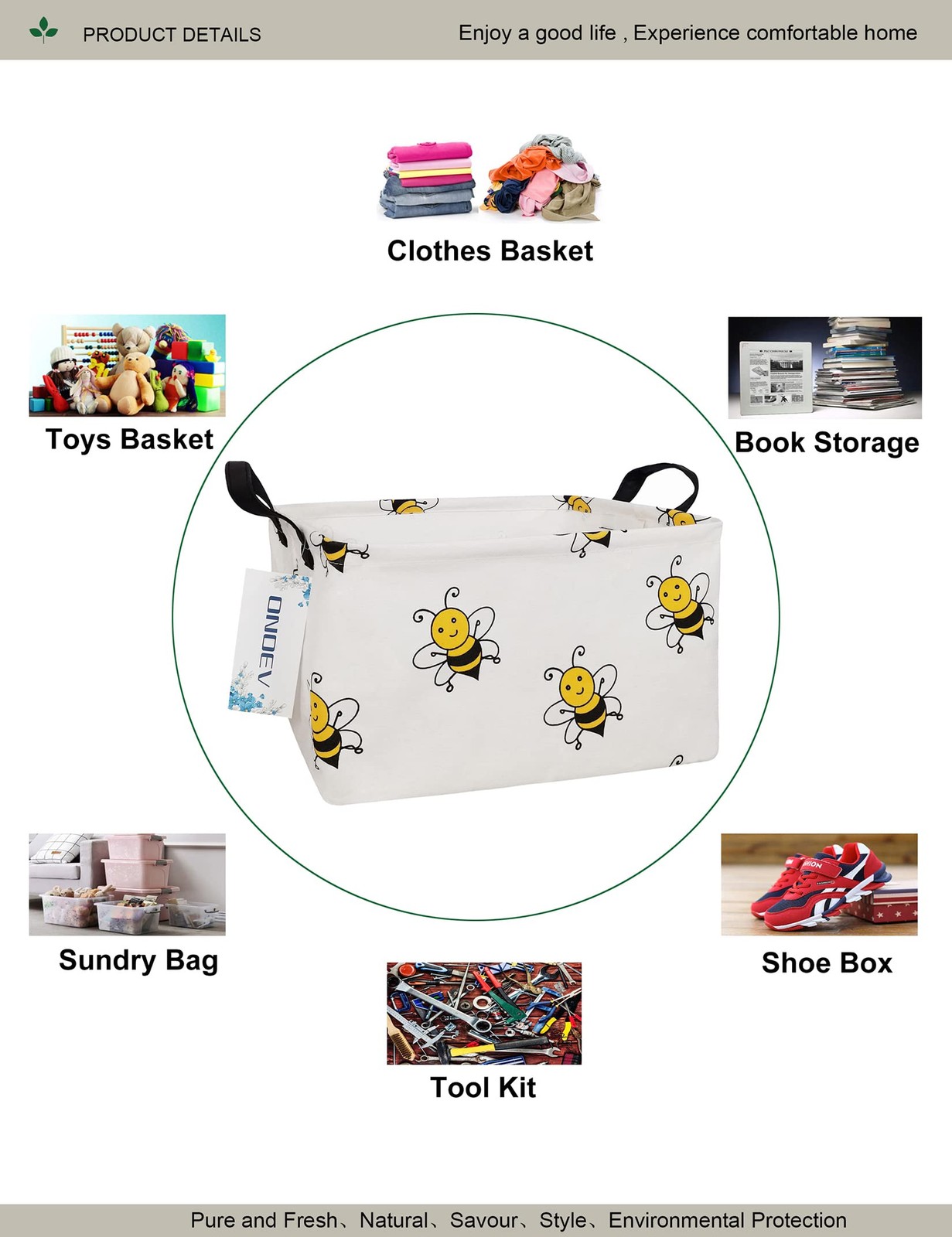 Rectangular Bee Storage Basket,Collapsible Storage Bin for Nursery,Cute Bee S...