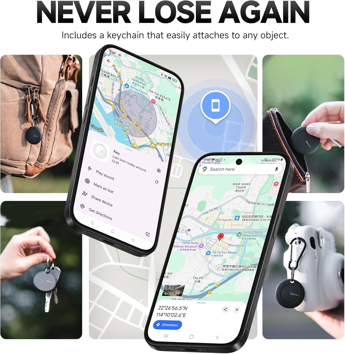 MiLi MiTag Bluetooth Tracker for Android, Google Certified Key BLK, 1PC