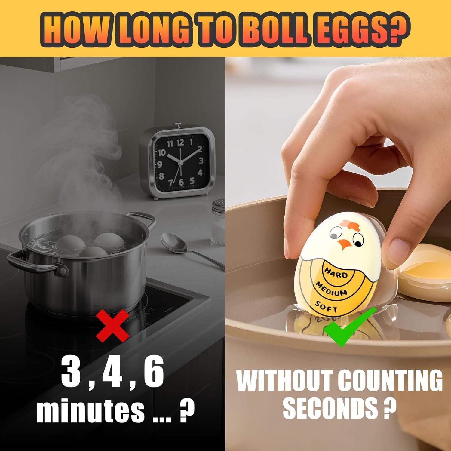 2-Pack Egg Timer, Color Changing, Hard & Soft Boiled Indicator, Yellow